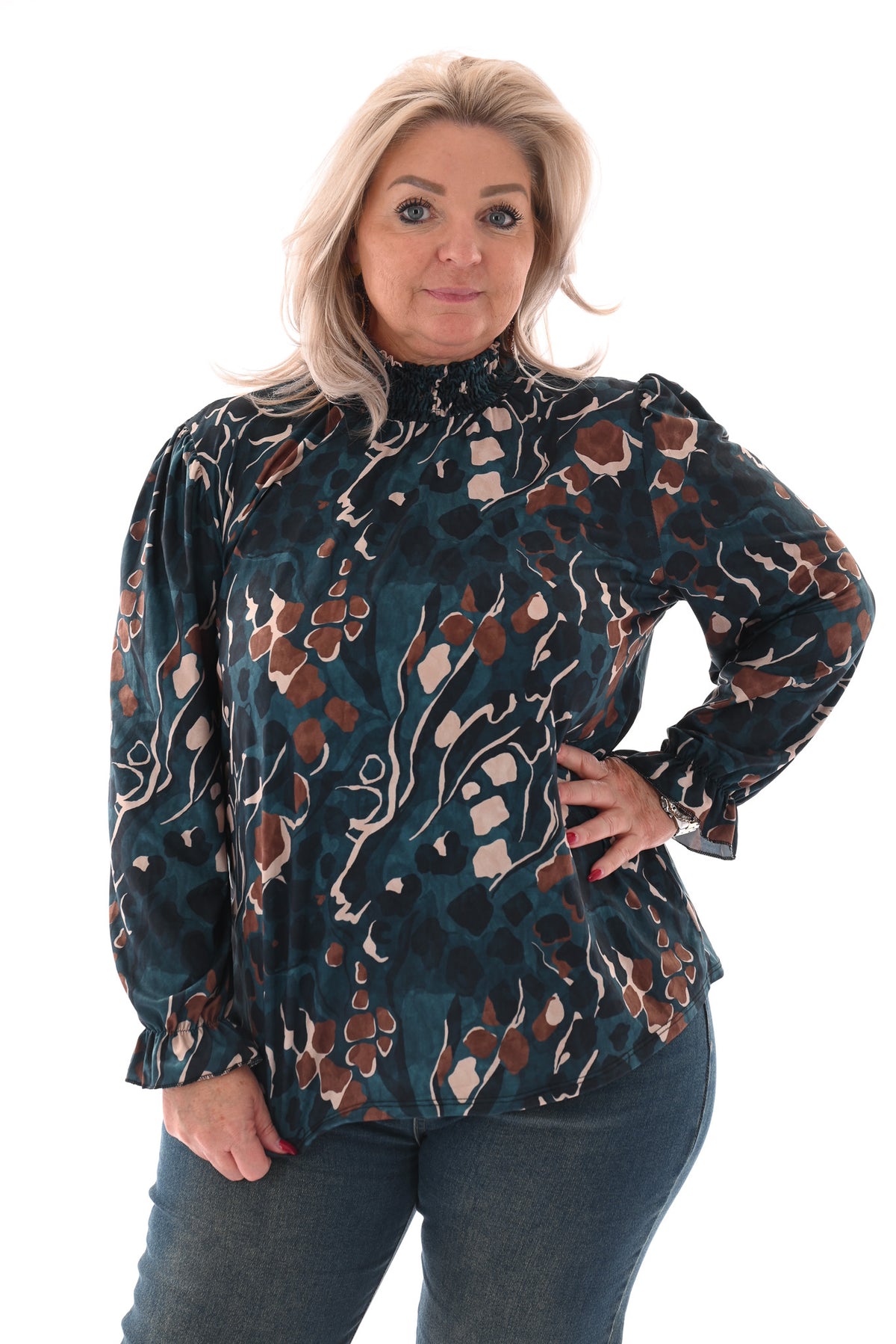 Blouse met smockkraag petrol/beige