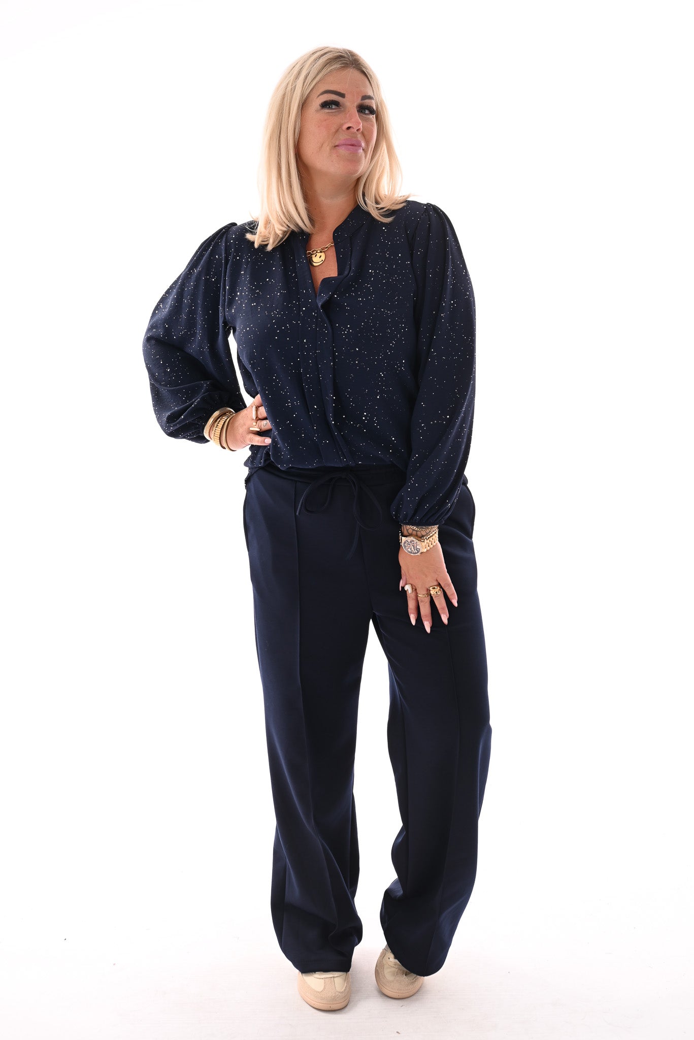 Top lange mouwen v-hals glitter marineblauw