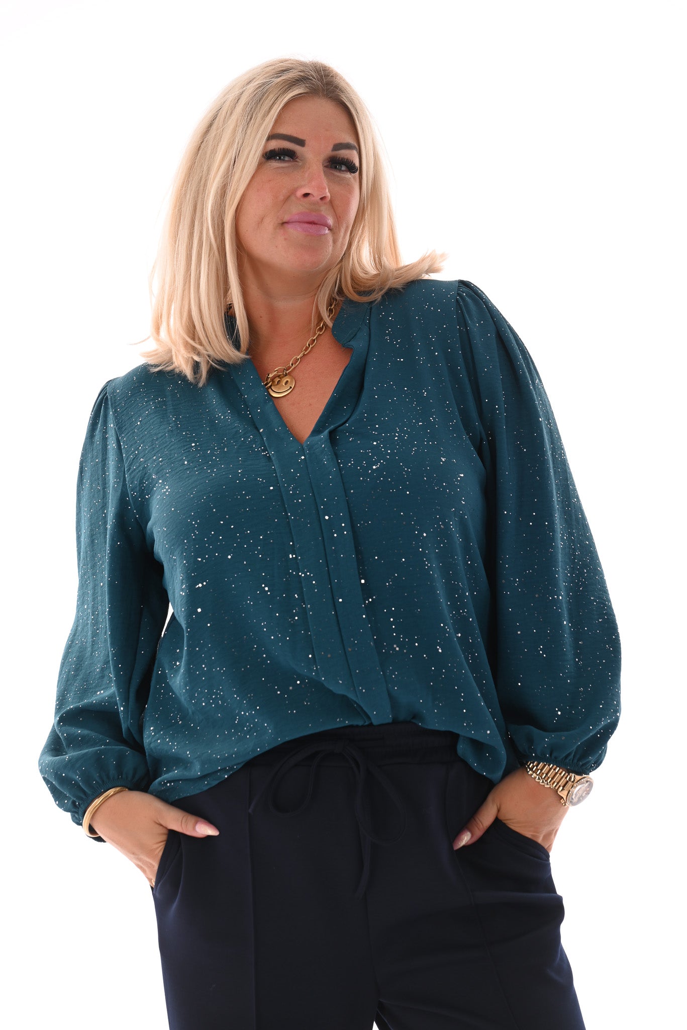 Top lange mouwen v-hals glitter petrol