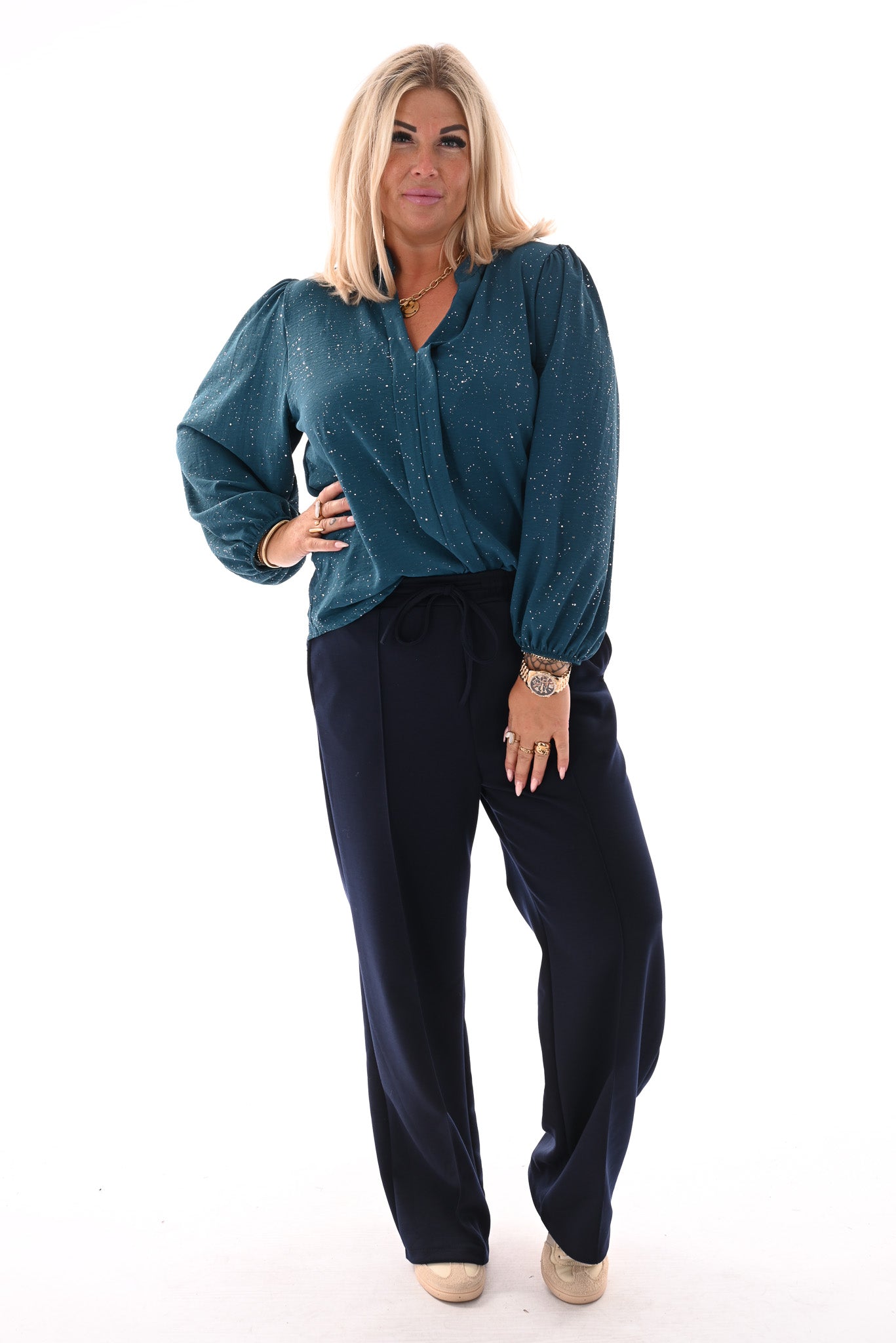 Top lange mouwen v-hals glitter petrol