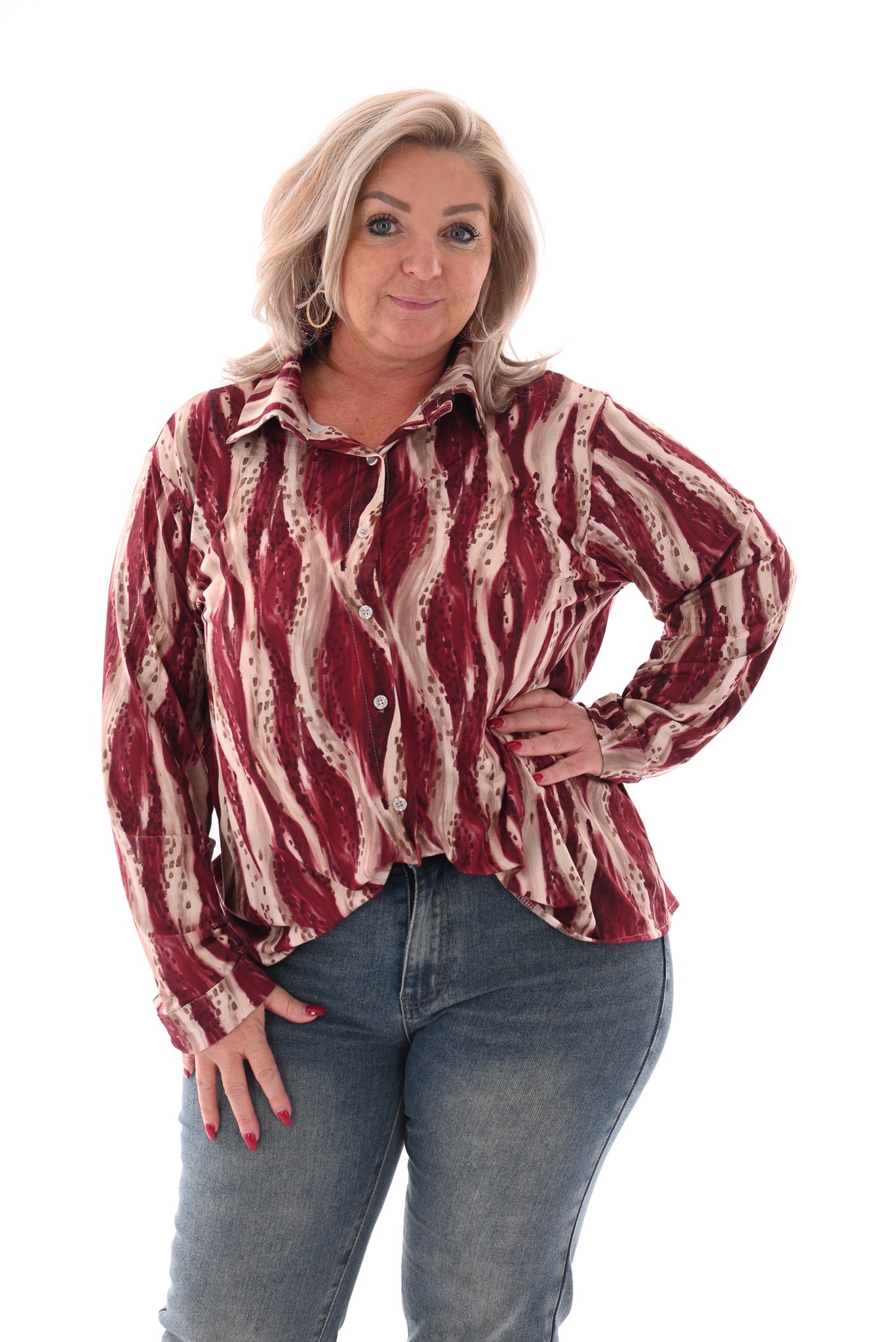 Doorknoop blouse stip bordeaux