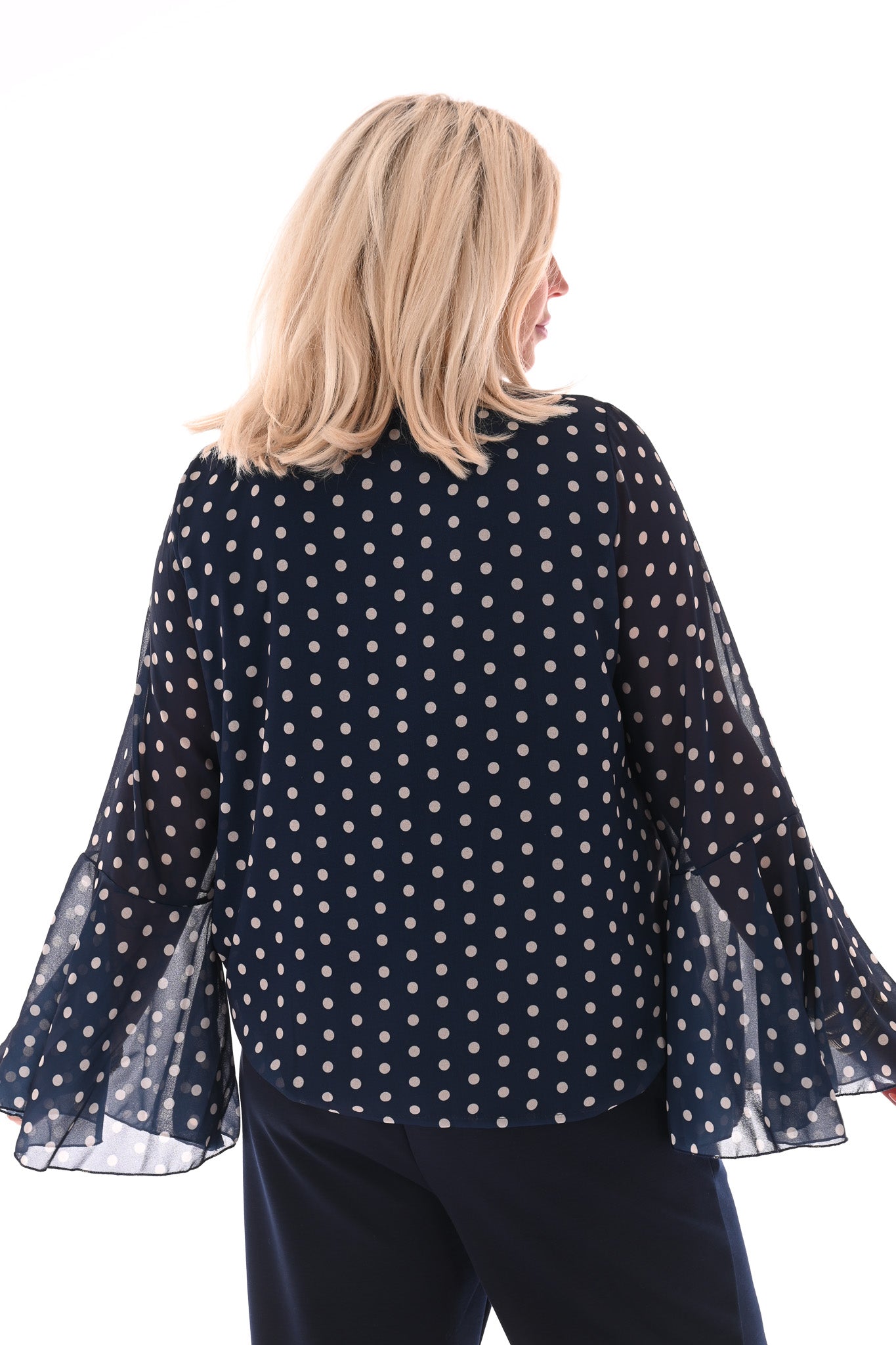 Top dots met strik en trompetmouwen marineblauw