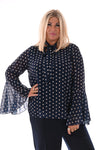 Top dots met strik en trompetmouwen marineblauw