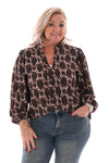 Top lange mouwen v-hals geometrisch donkerbruin