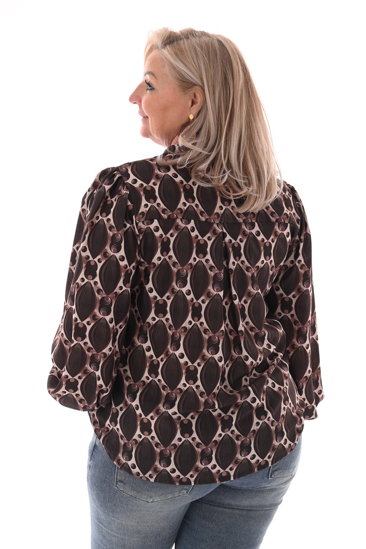 Top lange mouwen v-hals geometrisch donkerbruin