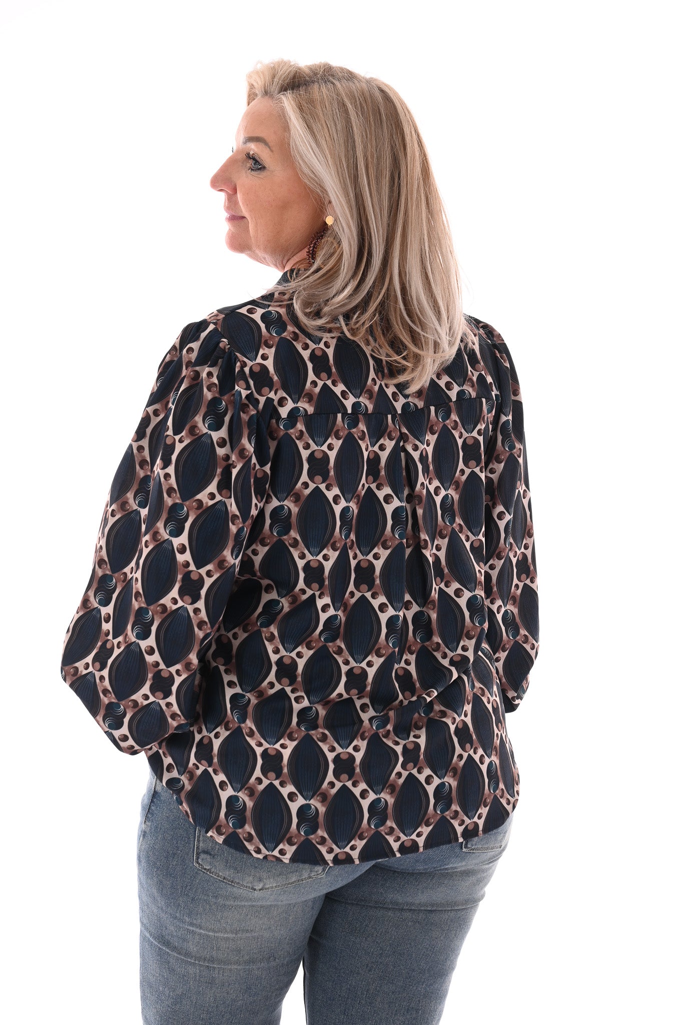 Top lange mouwen v-hals geometrisch marineblauw