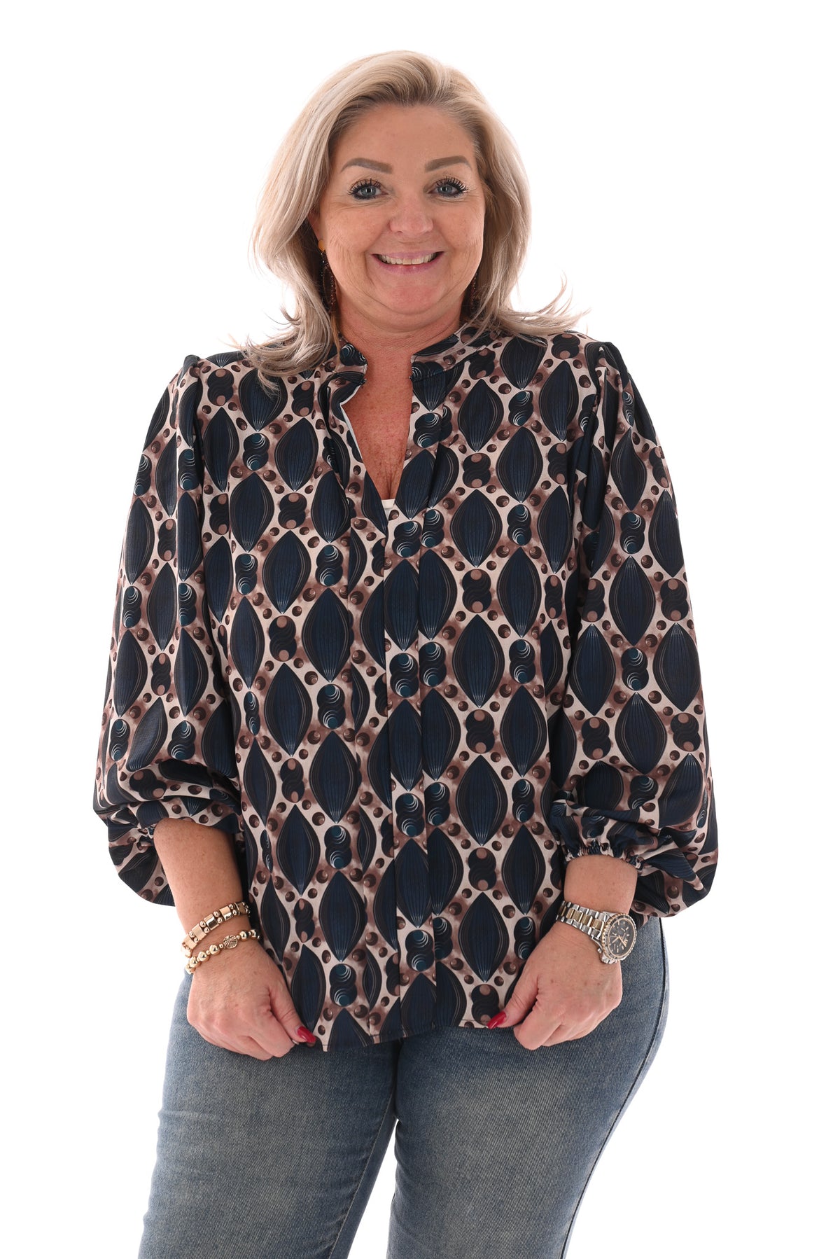 Top lange mouwen v-hals geometrisch marineblauw