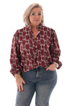 Top lange mouwen v-hals geometrisch bordeaux