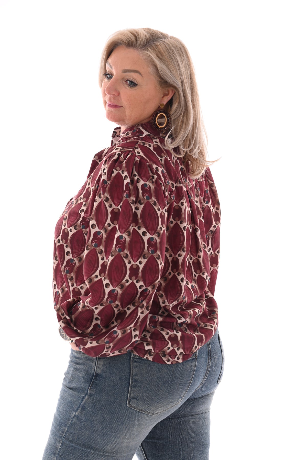 Top lange mouwen v-hals geometrisch bordeaux