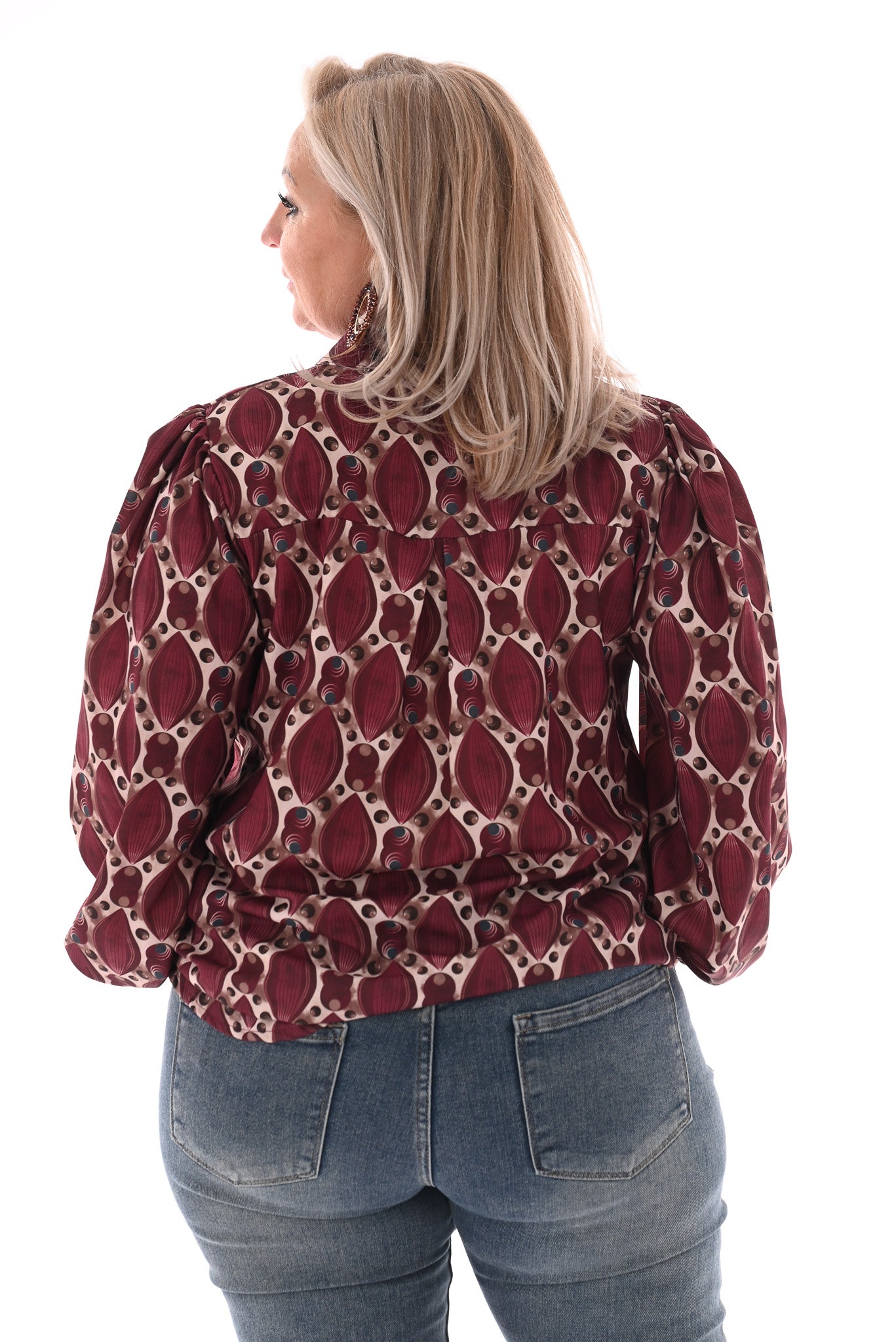 Top lange mouwen v-hals geometrisch bordeaux
