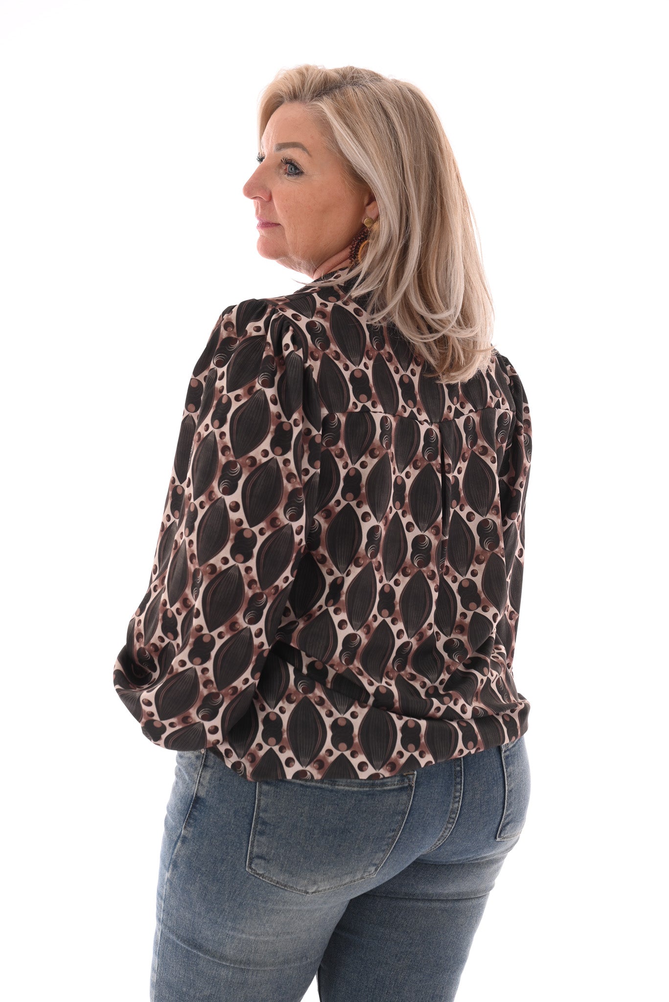 Top lange mouwen v-hals geometrisch legergroen