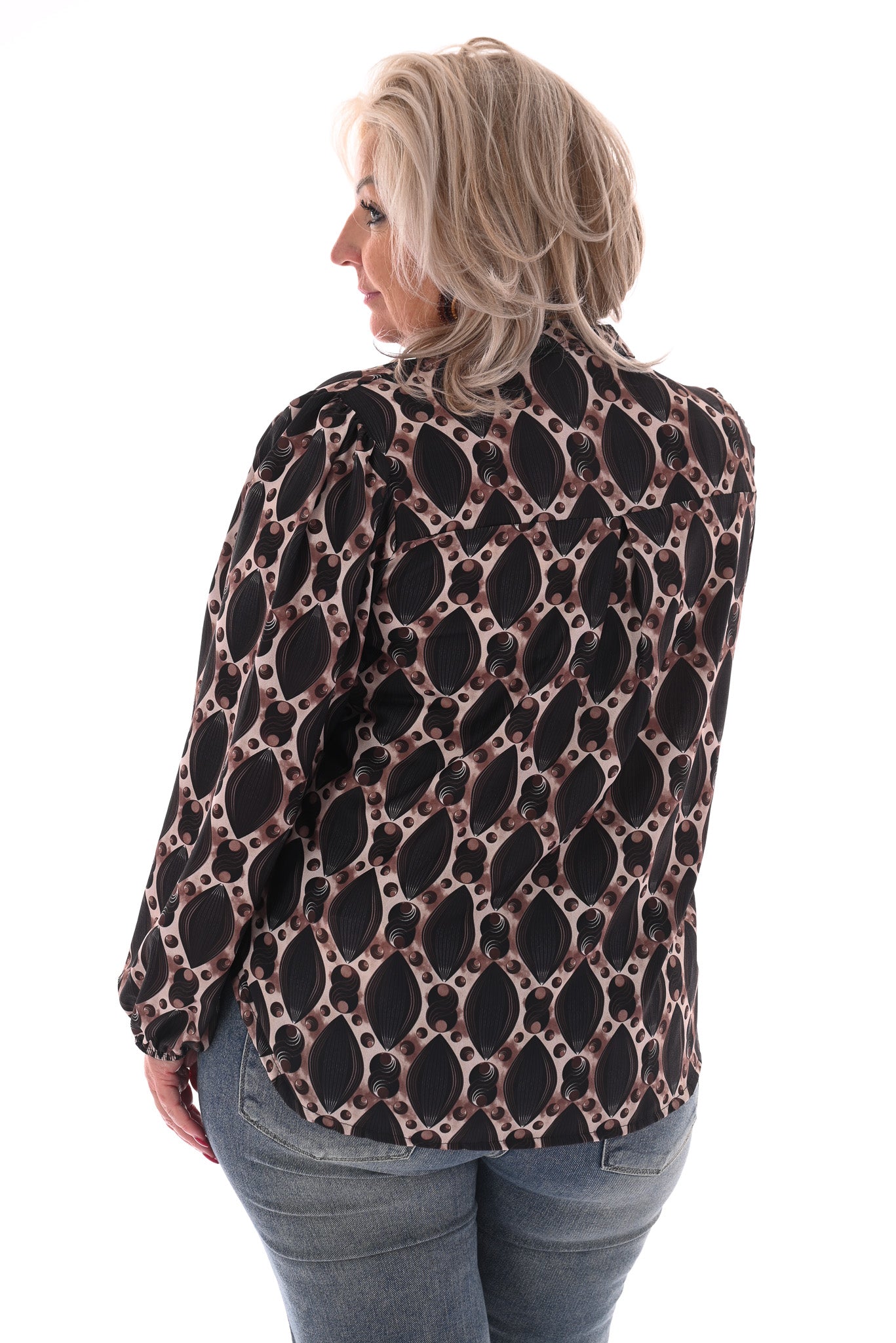 Top lange mouwen v-hals geometrisch zwart