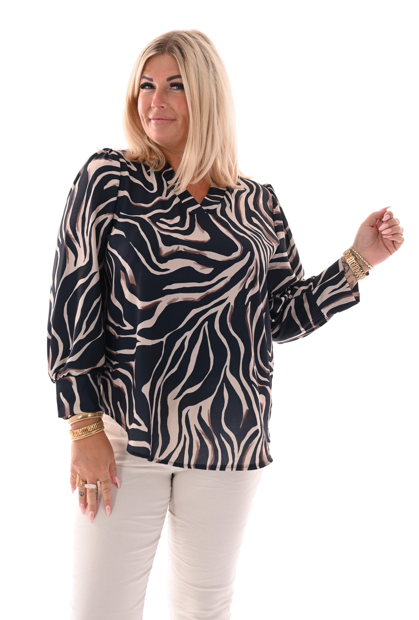 Top v-hals met print strepen marineblauw