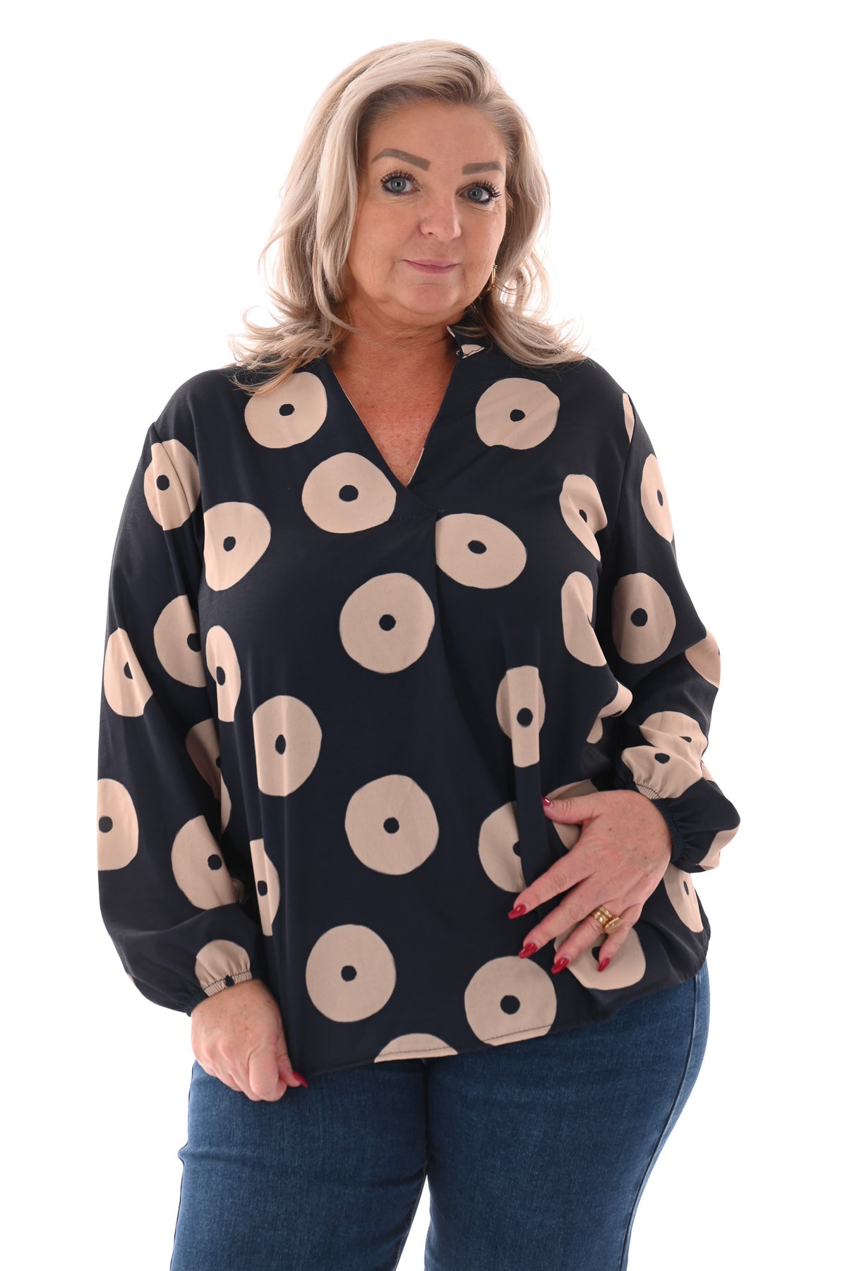 Top v-hals cirkels lange mouwen marineblauw