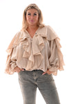 Blouse shine met roezels beige