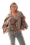 Blouse shine met roezels lichtbruin