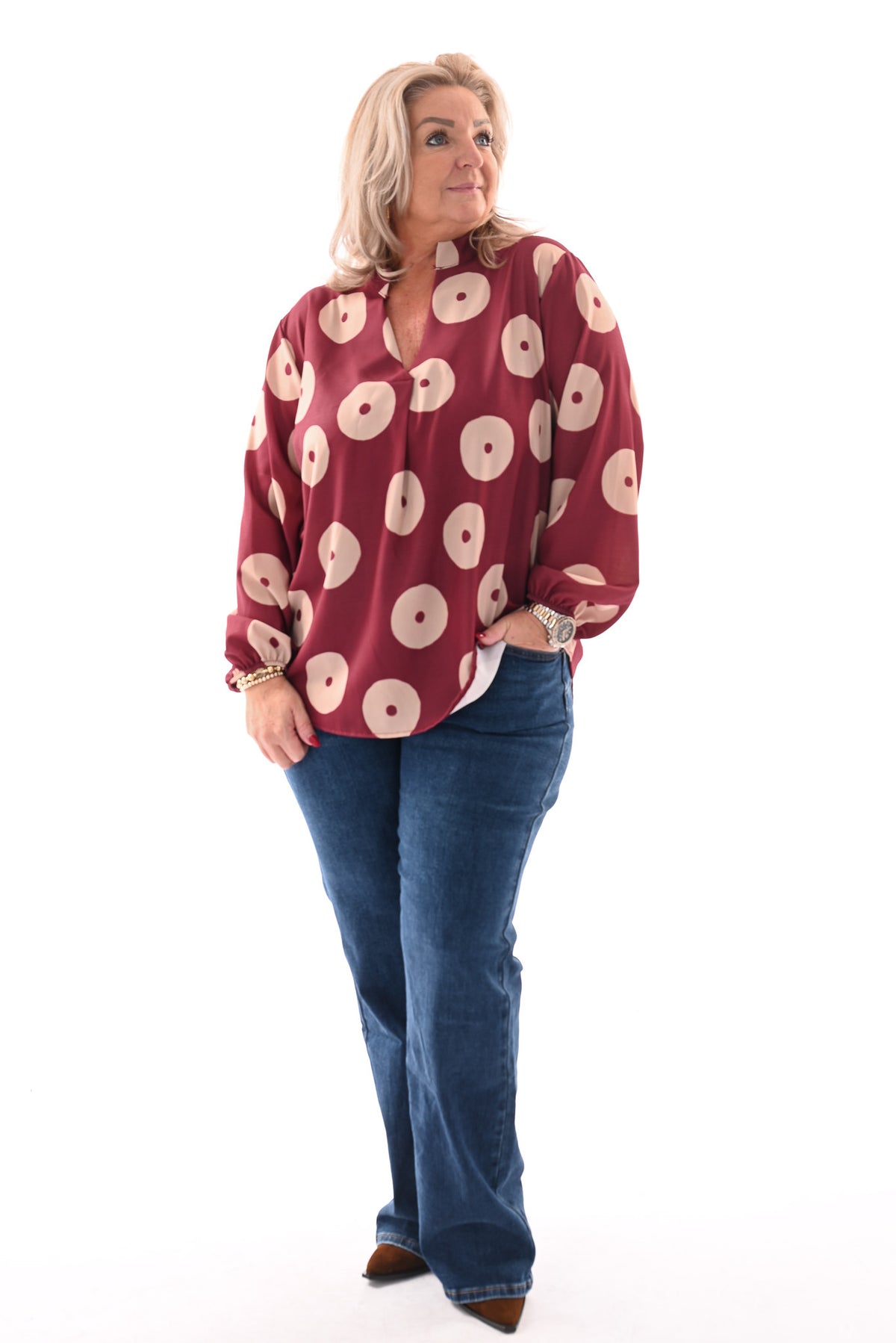 Top v-hals cirkels lange mouwen bordeaux