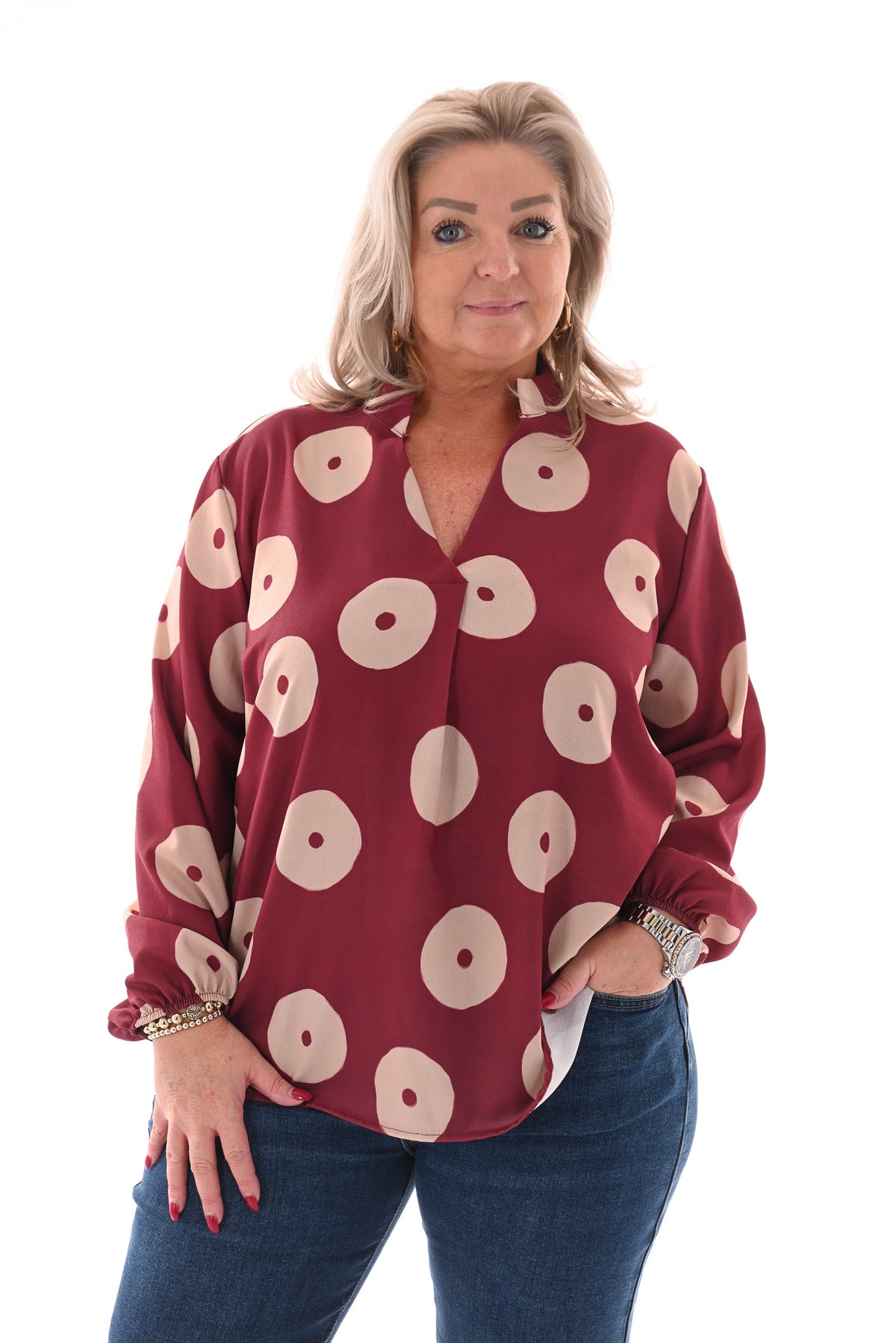 Top v-hals cirkels lange mouwen bordeaux