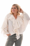 Blouse shine met roezels roomwit