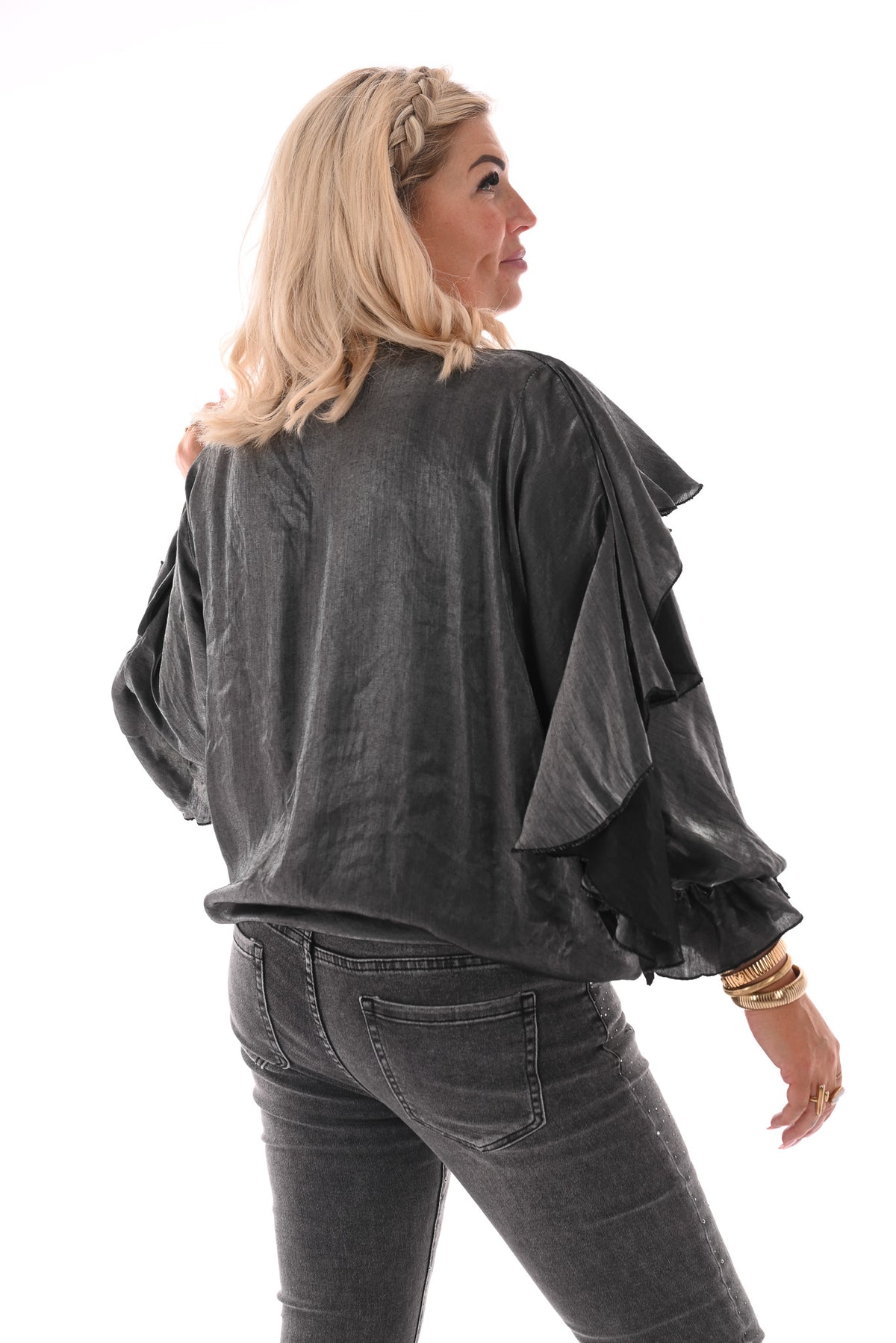 Blouse shine met roezels antraciet
