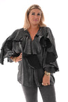 Blouse shine met roezels antraciet