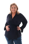 Top overslag trompetmouwen uni marineblauw