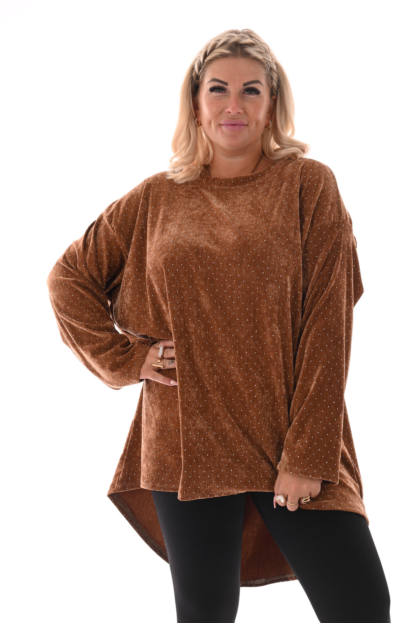 Velvet tuniek met strass en ketting bruin