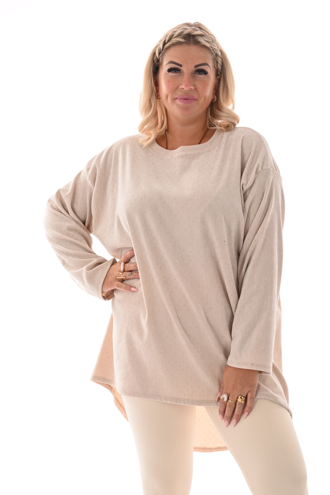 Velvet tuniek met strass en ketting creme