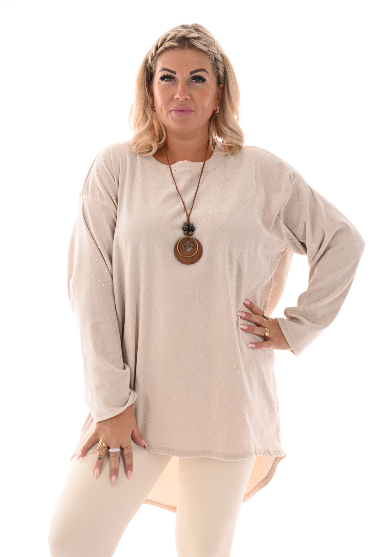 Velvet tuniek met strass en ketting creme