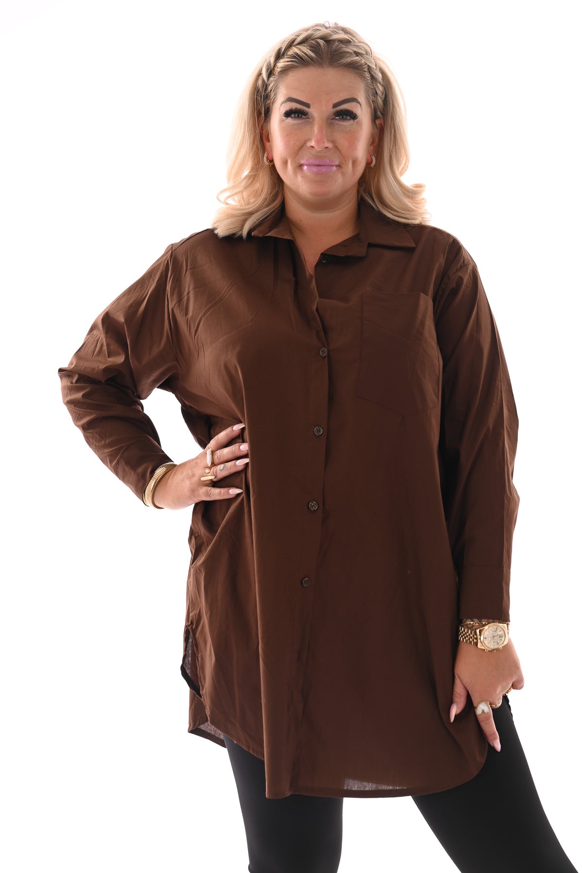 Lange doorknoop blouse uni bruin