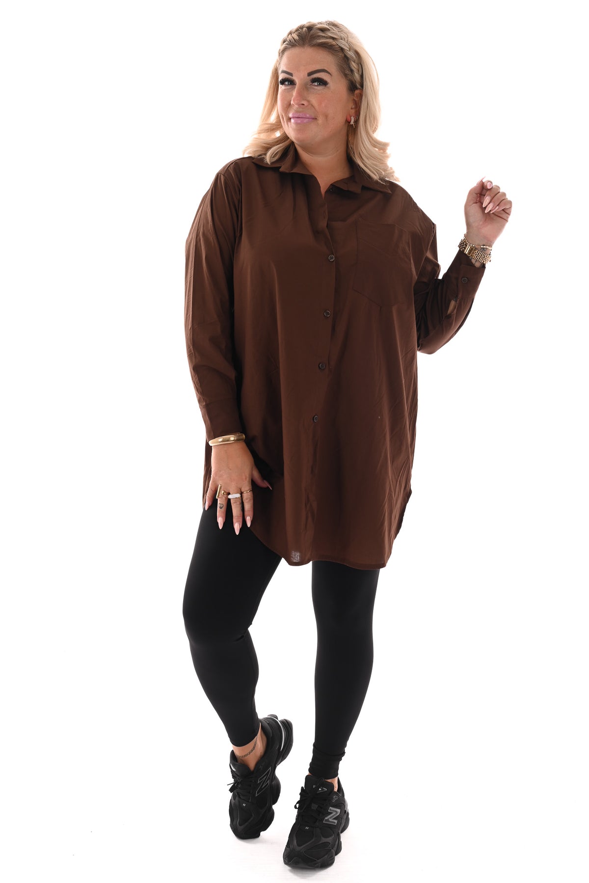 Lange doorknoop blouse uni bruin