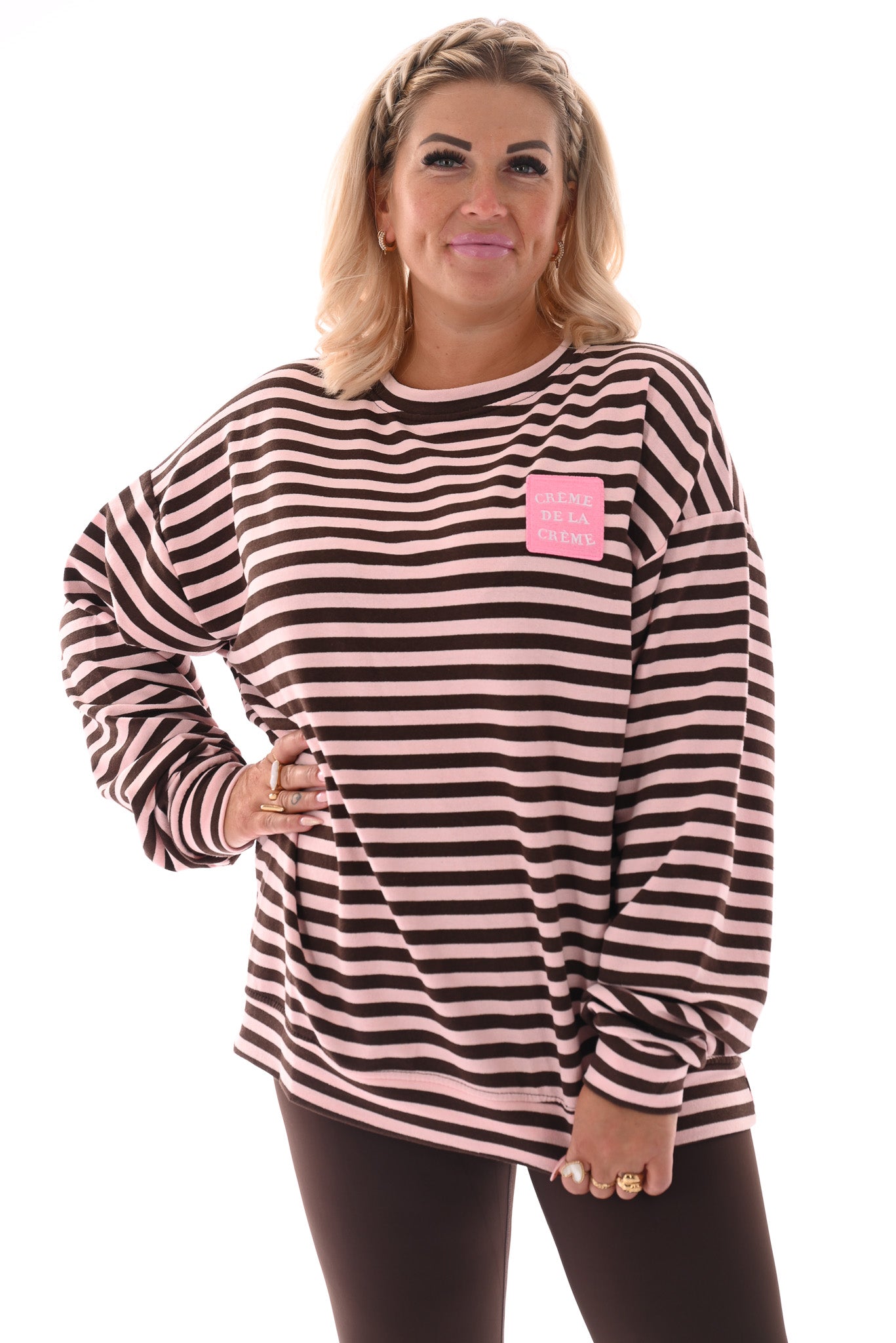 Gestreepte oversized trui lichtroze/bruin