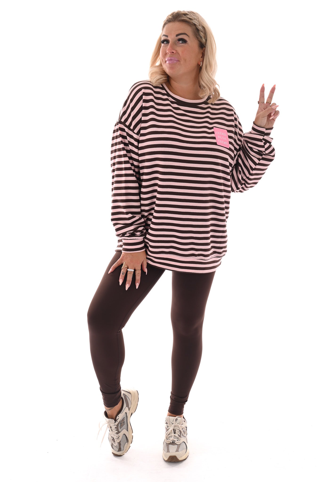 Gestreepte oversized trui lichtroze/bruin