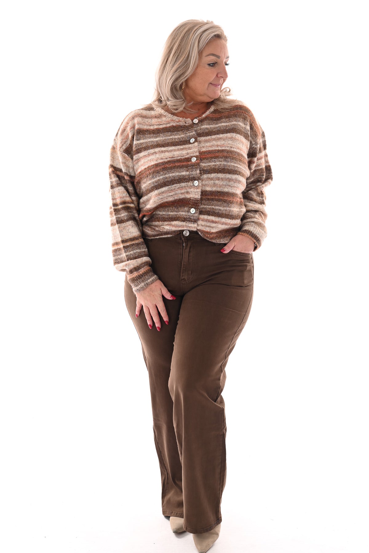 Doorknoop vest met streeppatroon beige/bruin