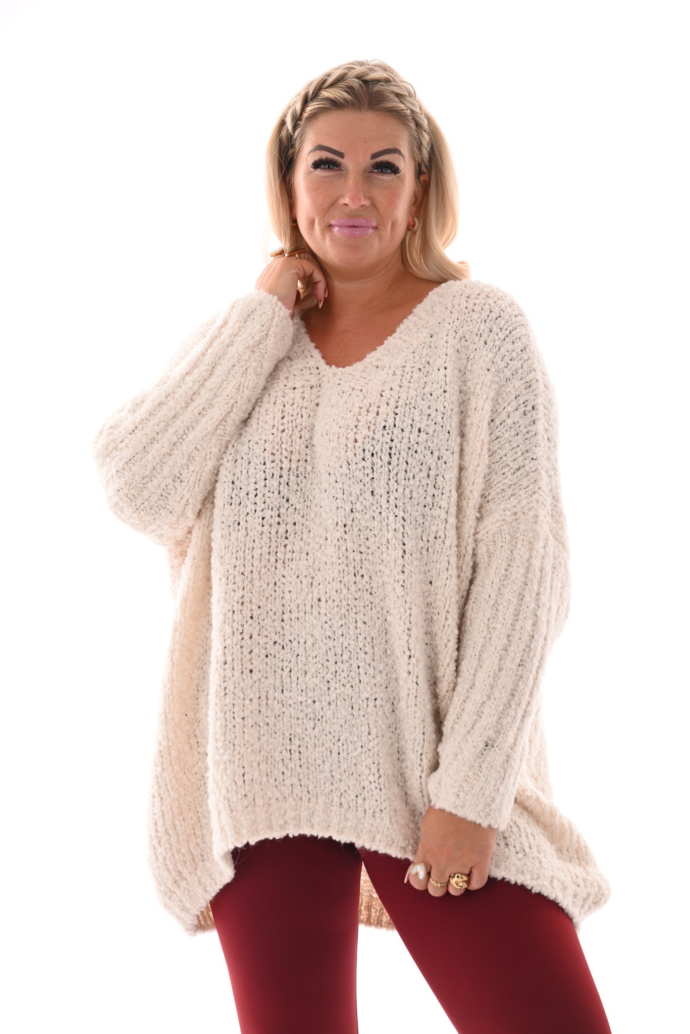 Gebreide boucle trui v-hals roomwit