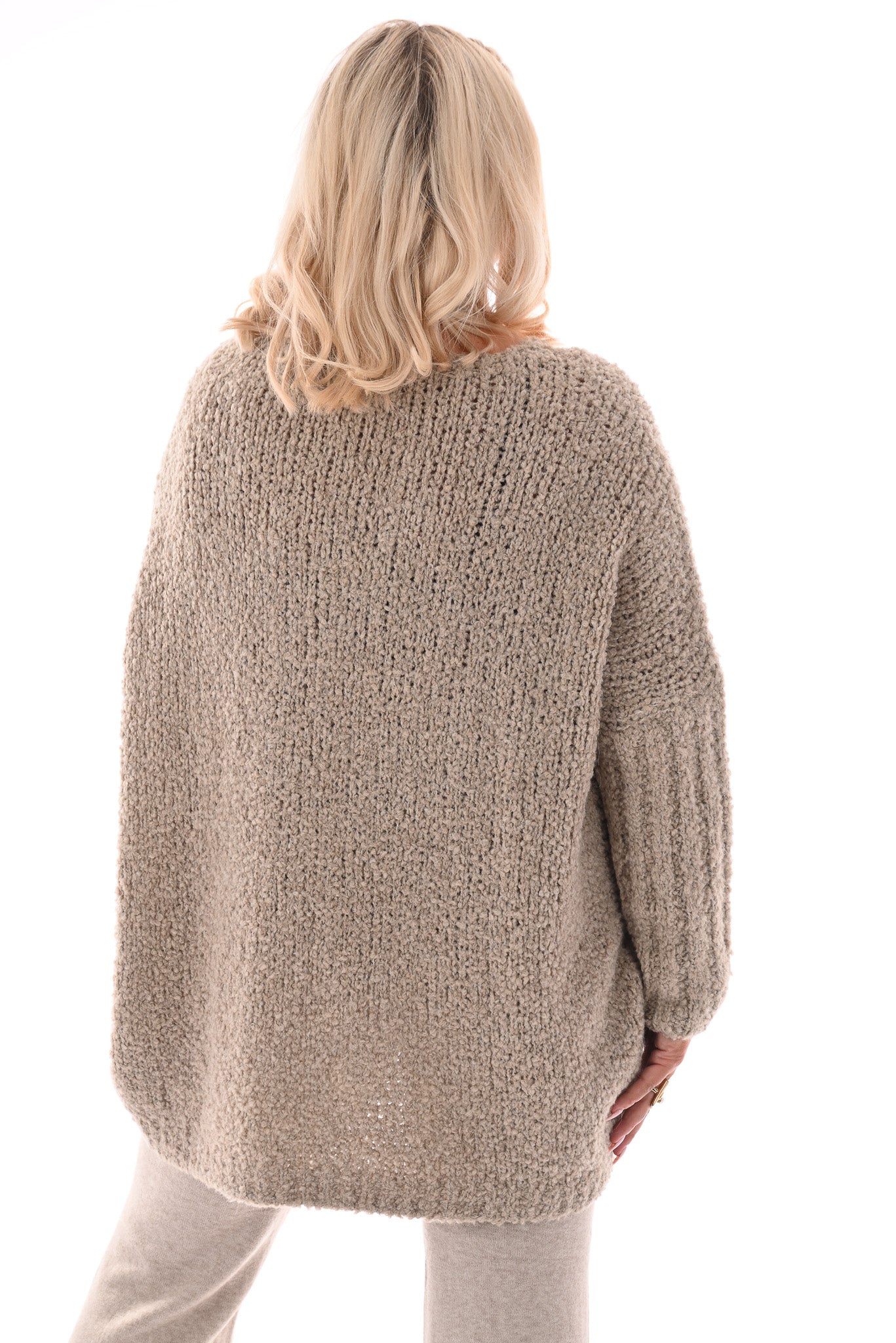 Gebreide boucle trui v-hals taupe
