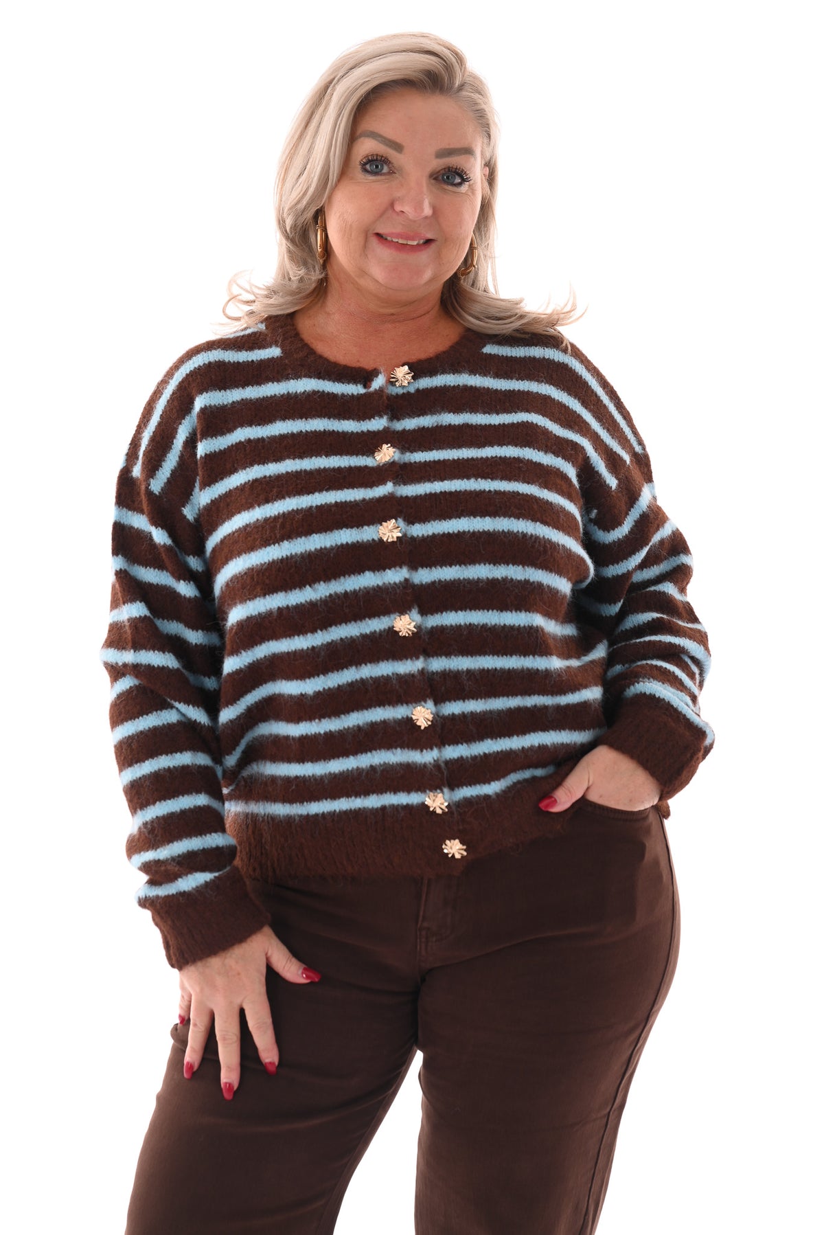 Fijn gebreid vestje strepen blauw/bruin