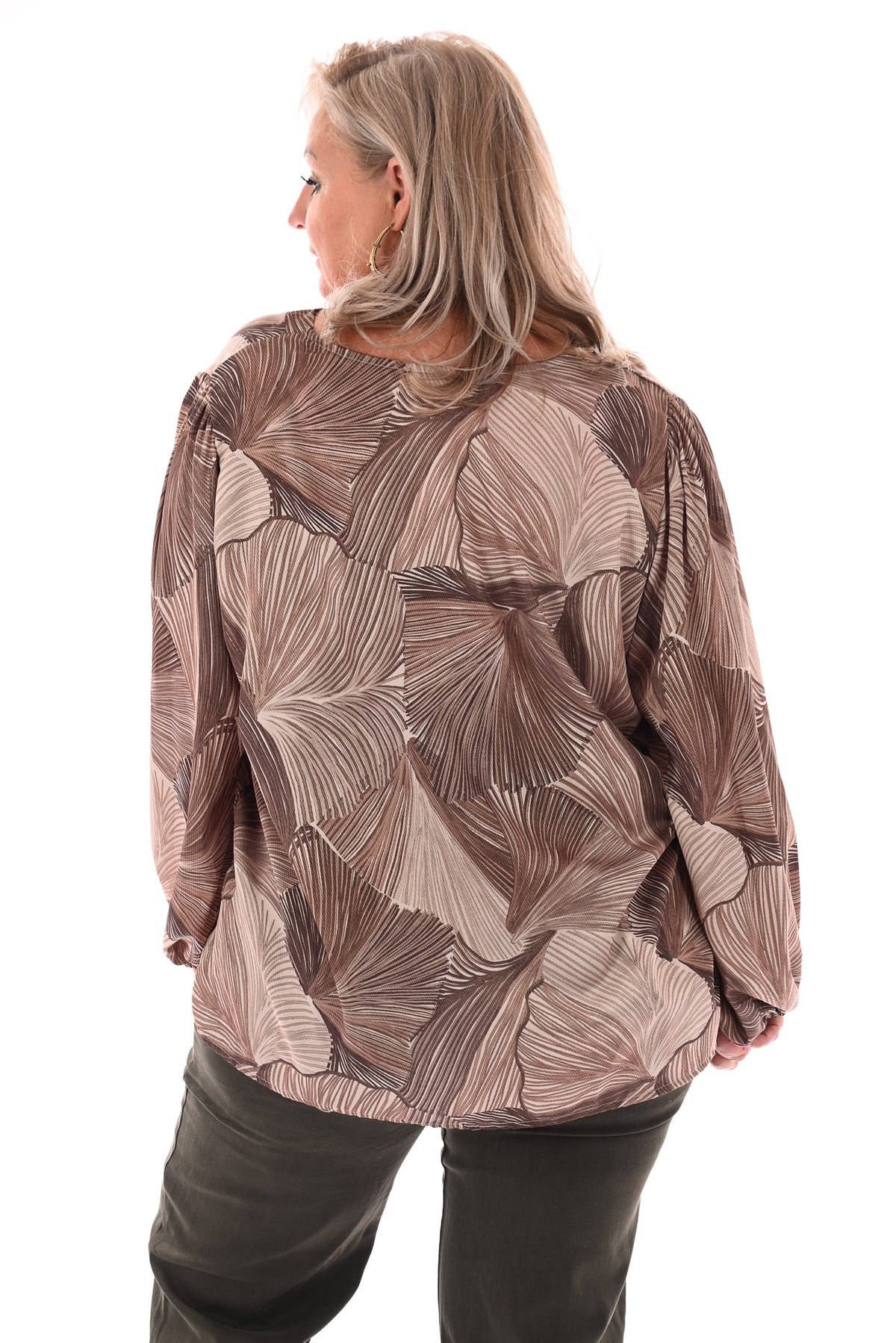 Blouse bladeren v-hals bruin/beige