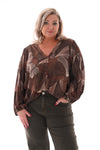 Blouse bladeren v-hals donkerbruin/beige