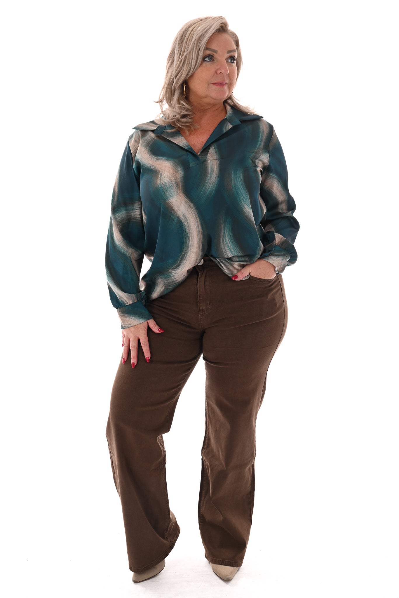 Blouse v-hals met kraag vegen petrol/beige