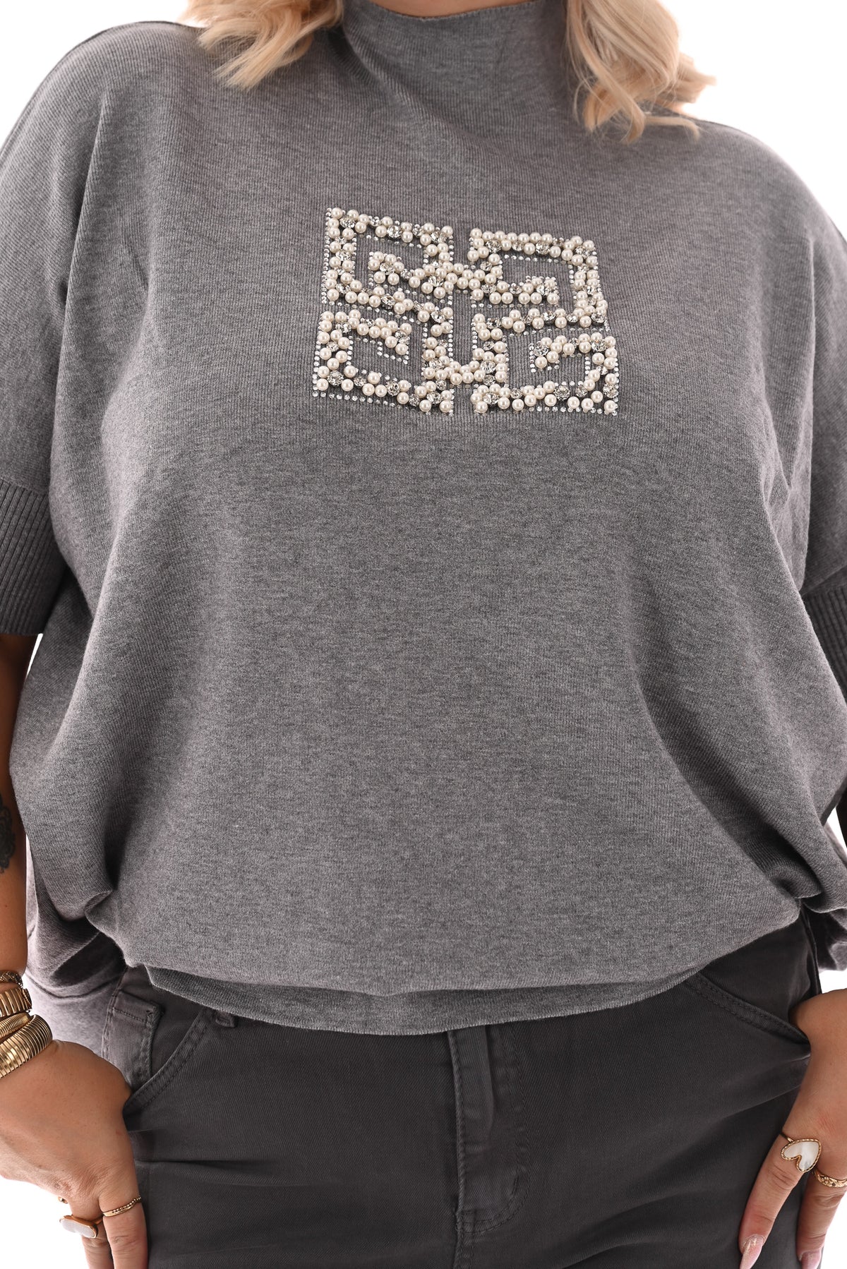 Trui met glitters en parels grijs