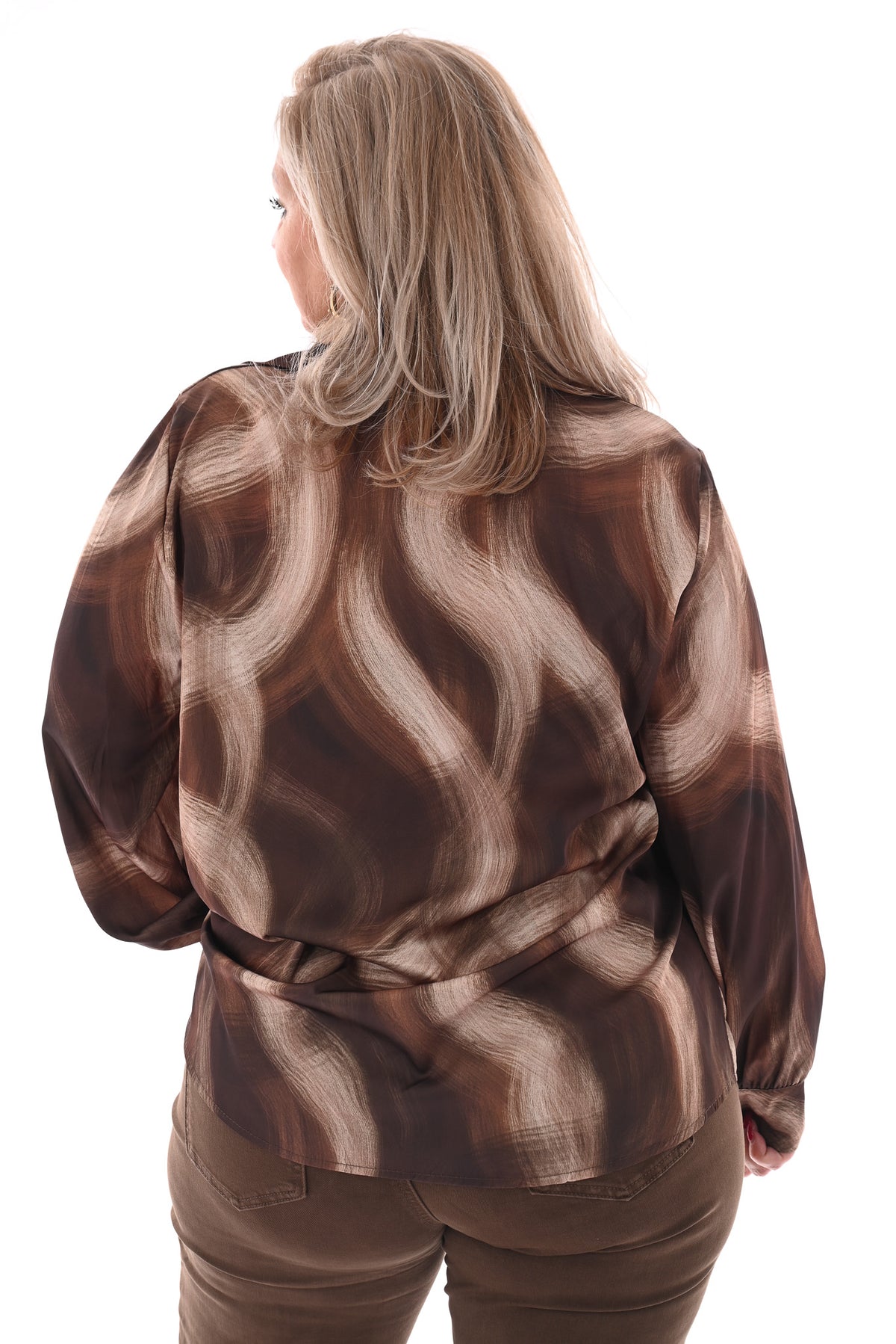 Blouse v-hals met kraag vegen donkerbruin/beige