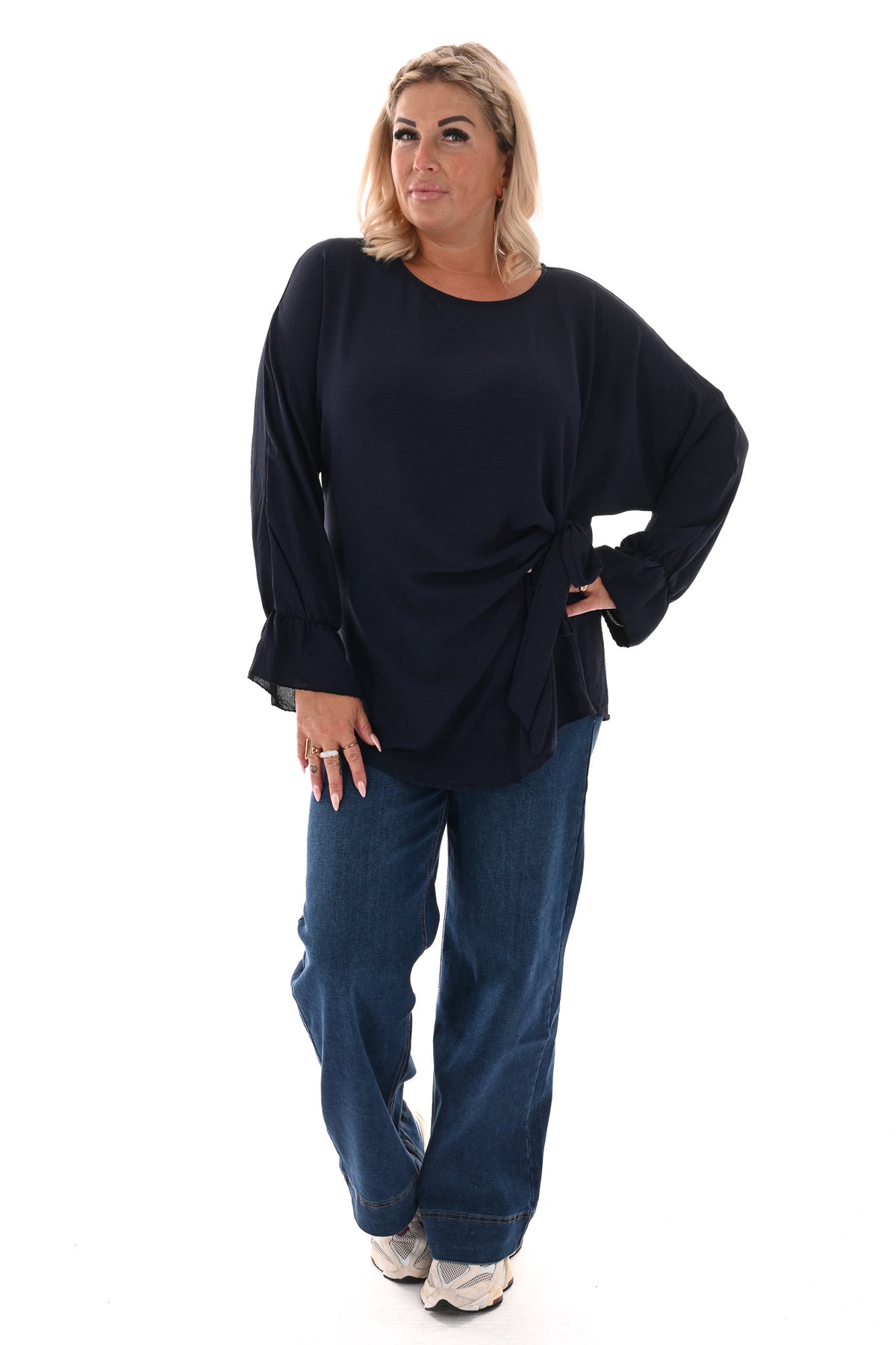 Top overslag met strik uni marineblauw