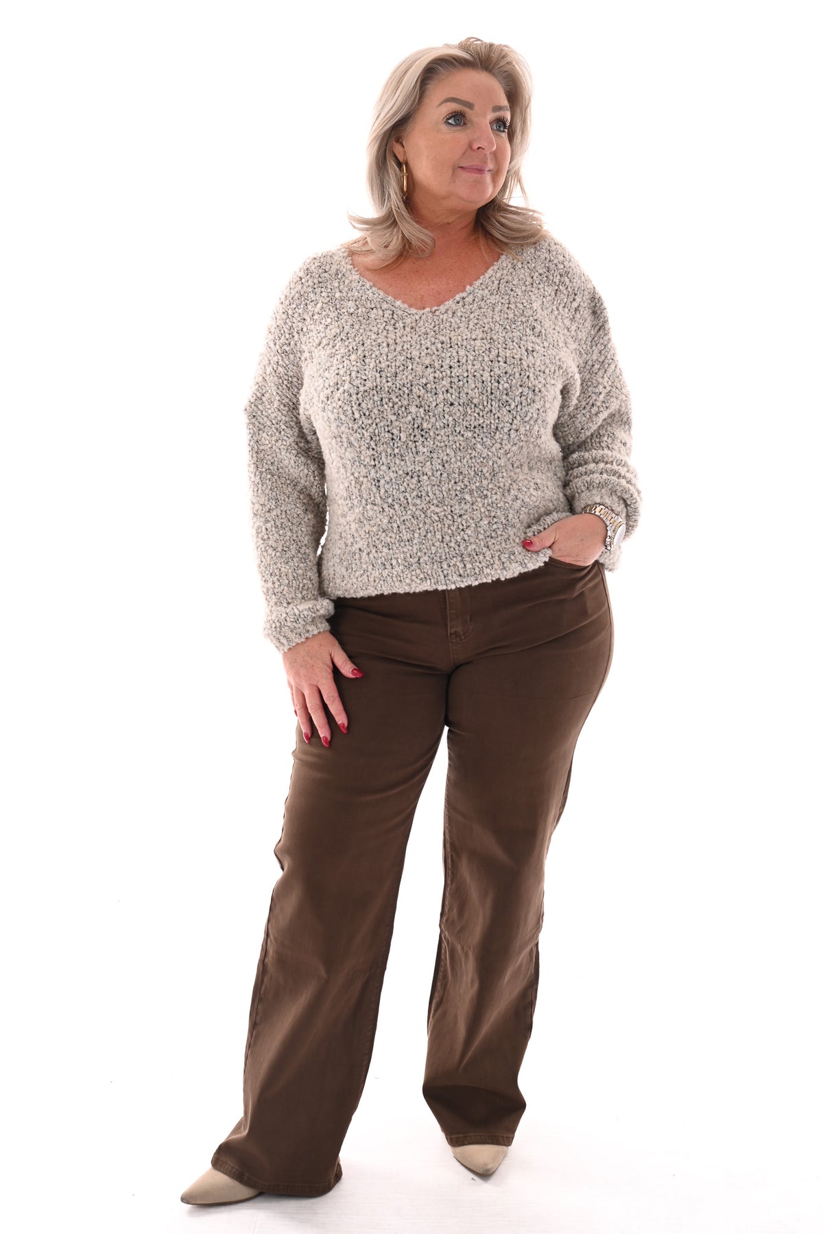 Boucle trui v-hals beige