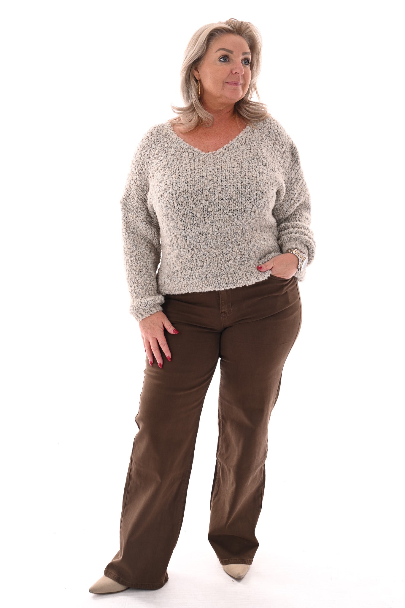 Boucle trui v-hals beige