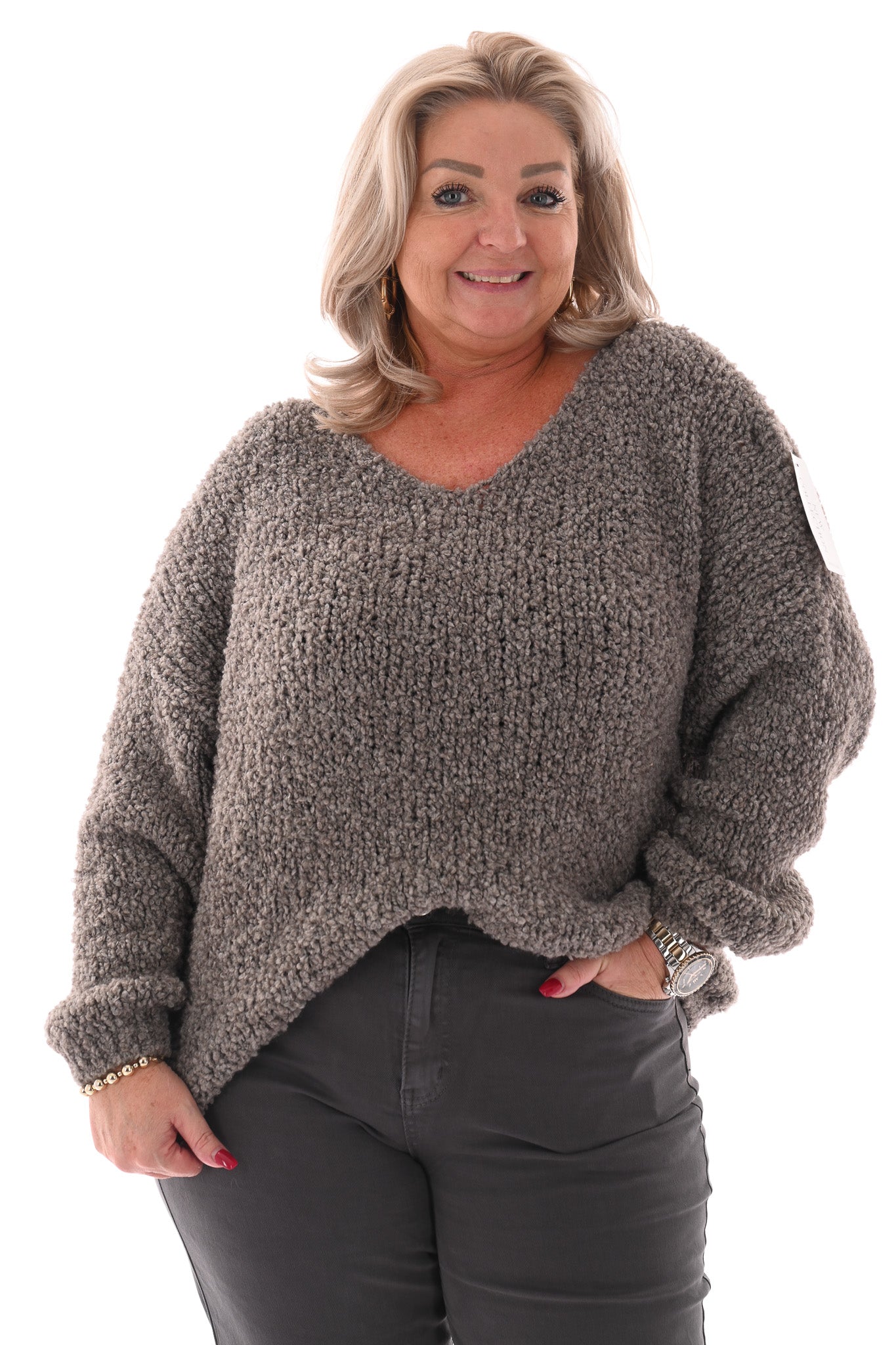 Boucle trui v-hals taupe