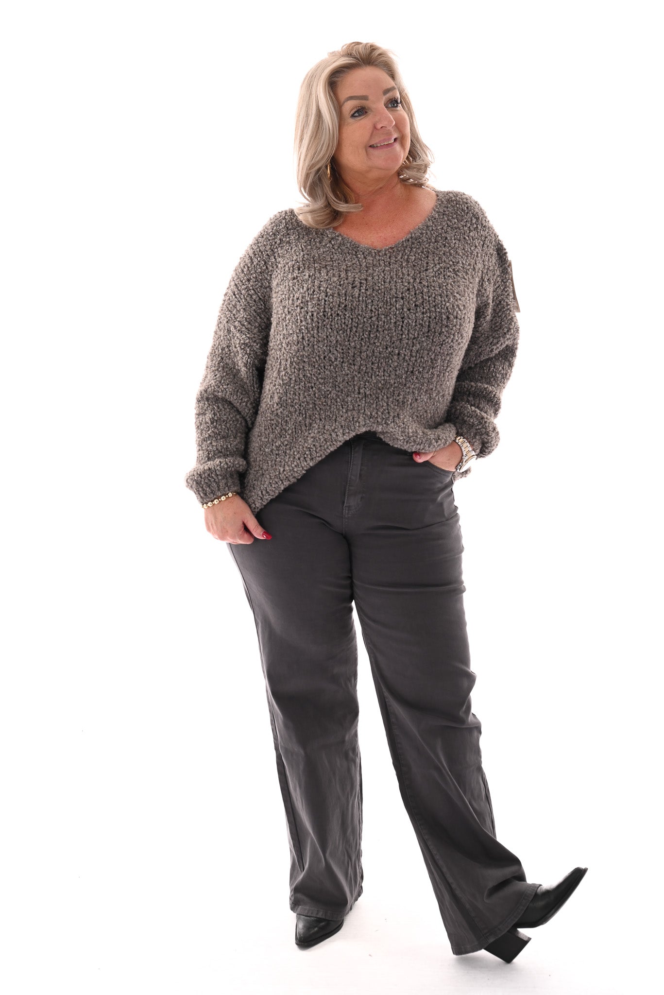 Boucle trui v-hals taupe