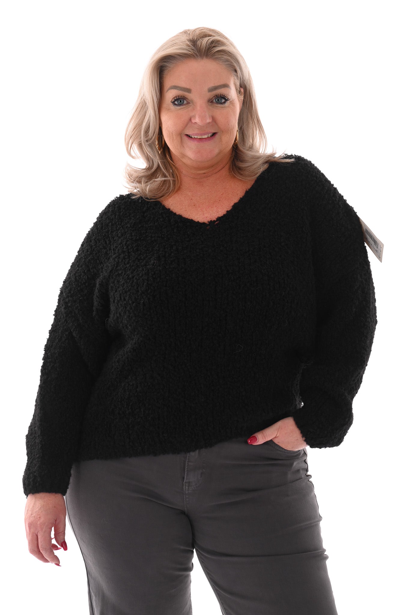 Boucle trui v-hals zwart