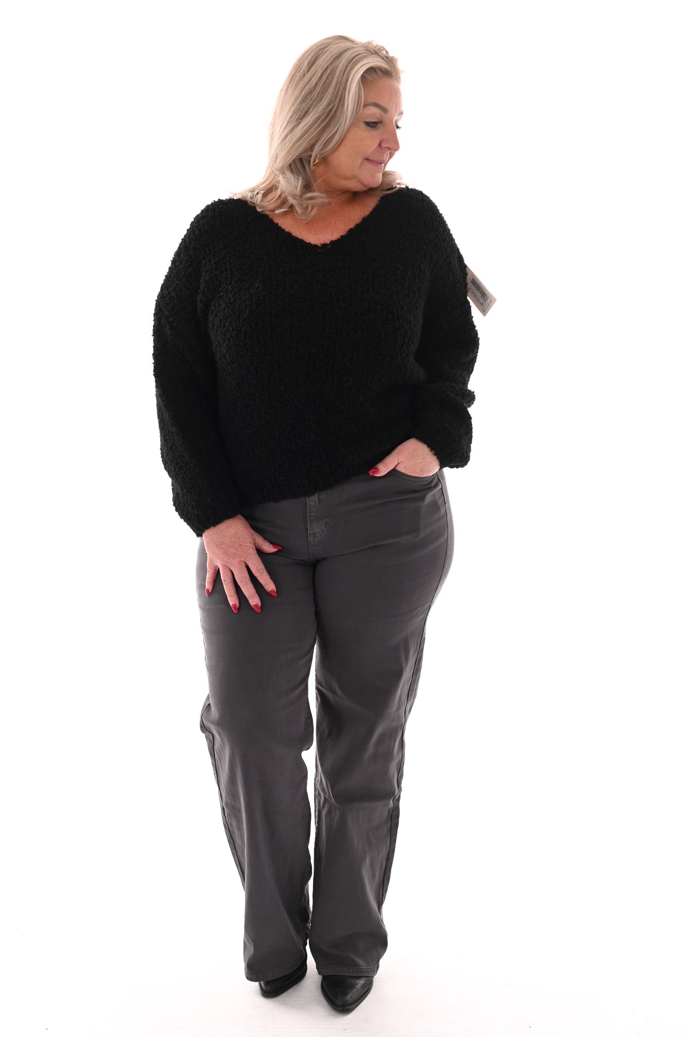 Boucle trui v-hals zwart