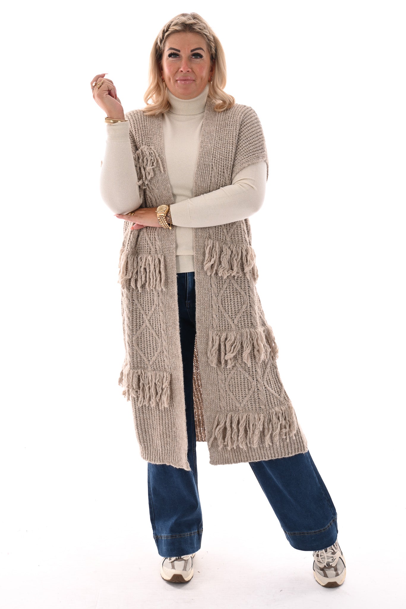 Vest korte mouwen met franjes taupe